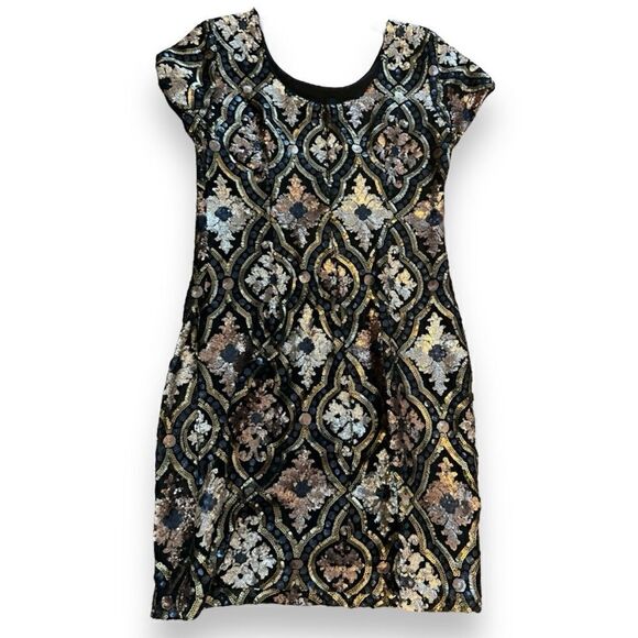 Maia Crewneck Cap Sleeve Art Deco Sequined Mini Sheath Dress, Size 2 - Picture 10 of 11